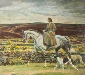 Lady Munnings Riding a Grey Hunter ('Magnolia') Side Saddle, with Her Dogs on Exmoor