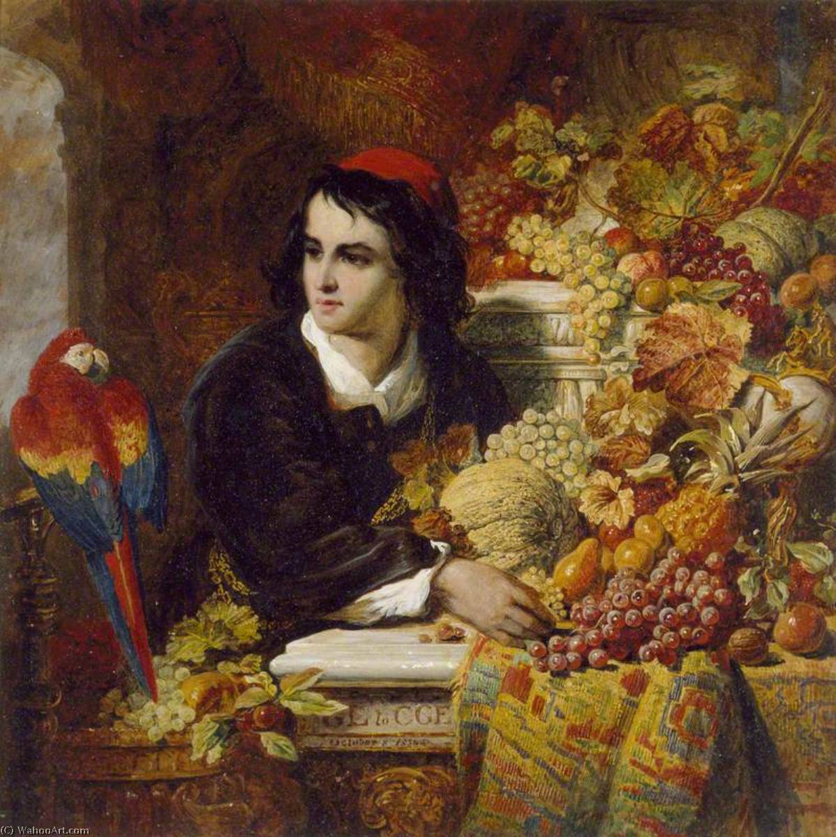 Wikioo.org - The Encyclopedia of Fine Arts - Painting, Artwork by George Lance - Still Life of Fruits with the Figure of a young Man