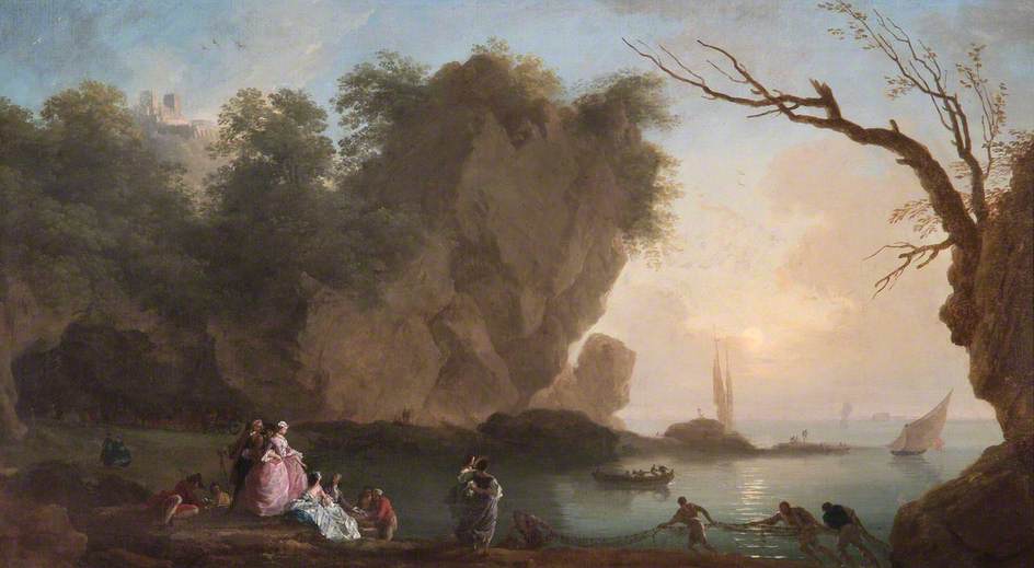 Wikioo.org - The Encyclopedia of Fine Arts - Painting, Artwork by Claude Joseph Vernet - Sunset View over a Bay with Figures