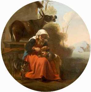 Karel Dujardin - A Woman and a Child with Animals
