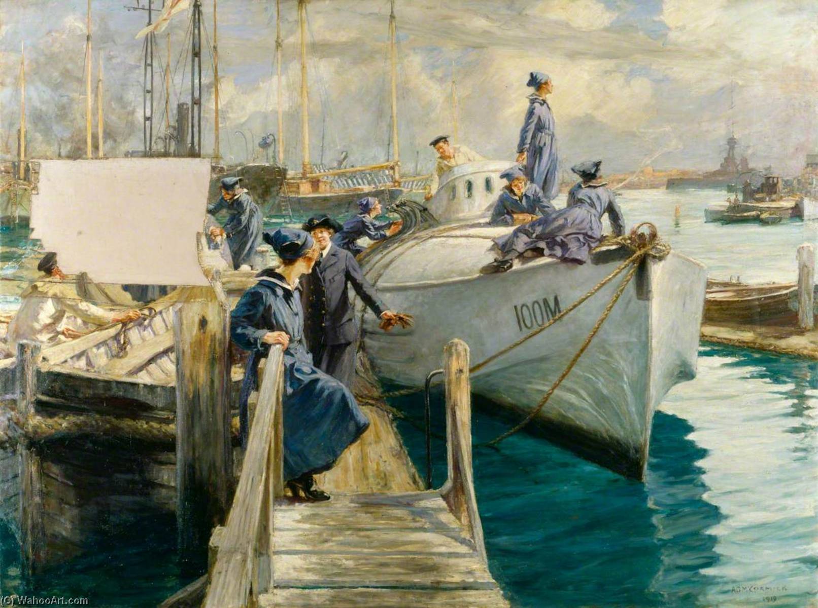 Wikioo.org - The Encyclopedia of Fine Arts - Painting, Artwork by Arthur David Mccormick - Women's Royal Naval Service Officer and Ratings Boat Cleaning at the Coastal Motor Boat Base, Haslar Creek, Portsmouth