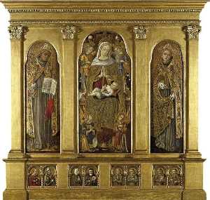 Virgin and Child Enthroned St Bonaventura (left) St Louis of Toulouse (right) St Agatha and St Augustine, an Unidentified Female Franciscan St and St Clare of Assisi, Four Male Franciscan Saints (below)