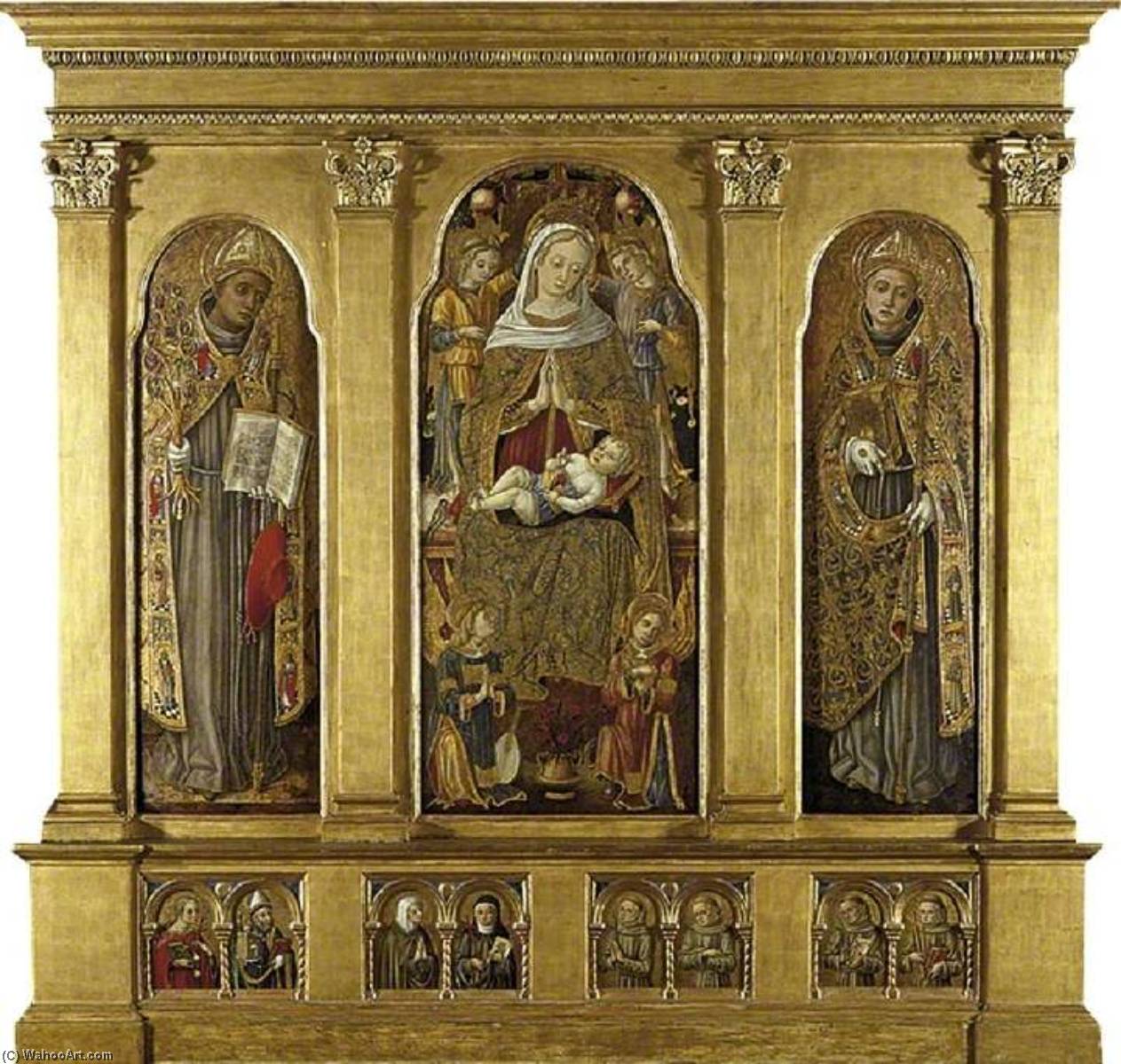 Wikioo.org - The Encyclopedia of Fine Arts - Painting, Artwork by Vittore Crivelli - Virgin and Child Enthroned St Bonaventura (left) St Louis of Toulouse (right) St Agatha and St Augustine, an Unidentified Female Franciscan St and St Clare of Assisi, Four Male Franciscan Saints (below)