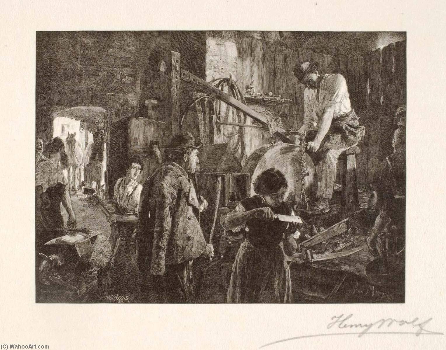 Wikioo.org - The Encyclopedia of Fine Arts - Painting, Artwork by Henry Wolf - Sharpening Tools in a Village Smithy