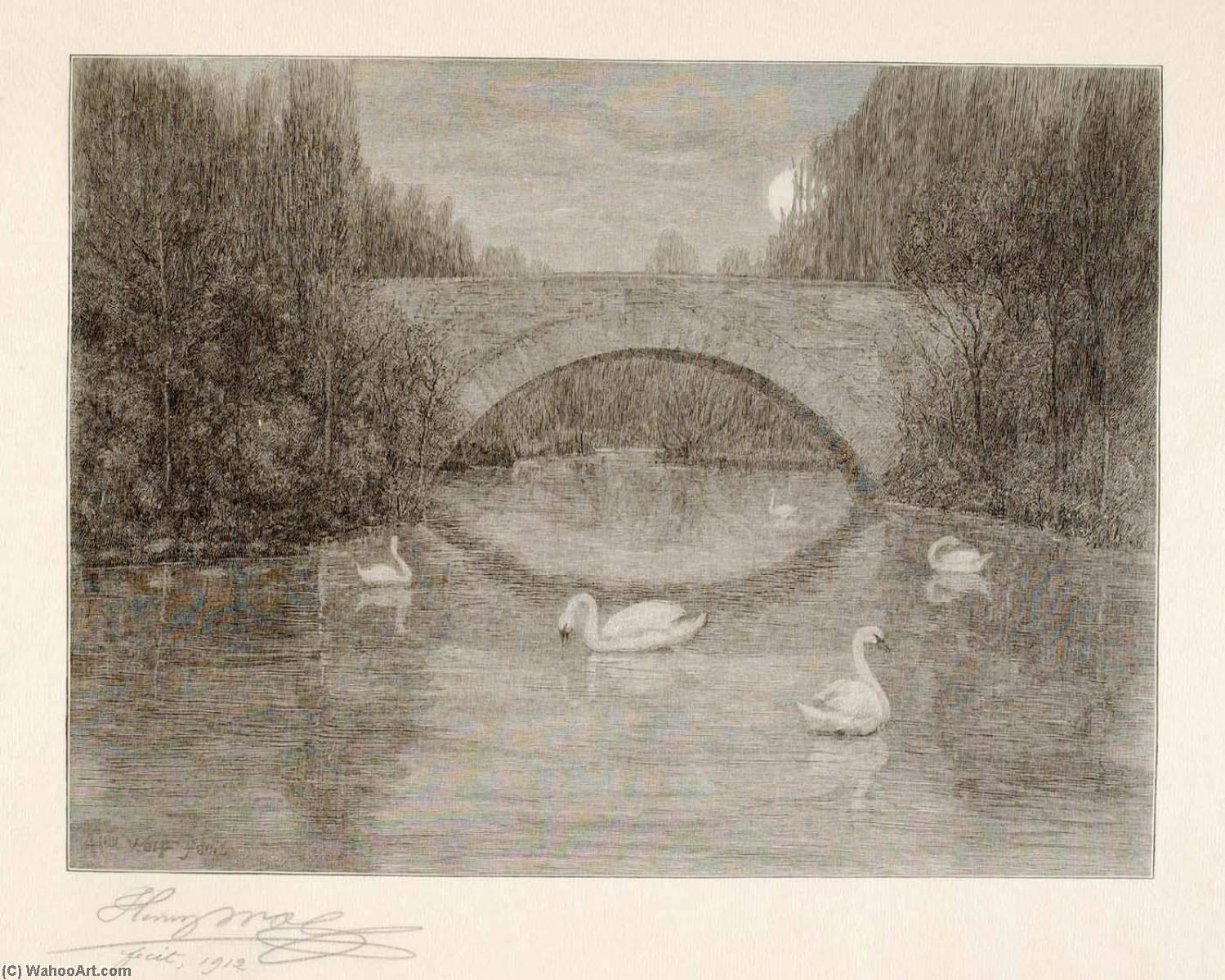 Wikioo.org - The Encyclopedia of Fine Arts - Painting, Artwork by Henry Wolf - Evening, Swan Lake, Central Park, New York