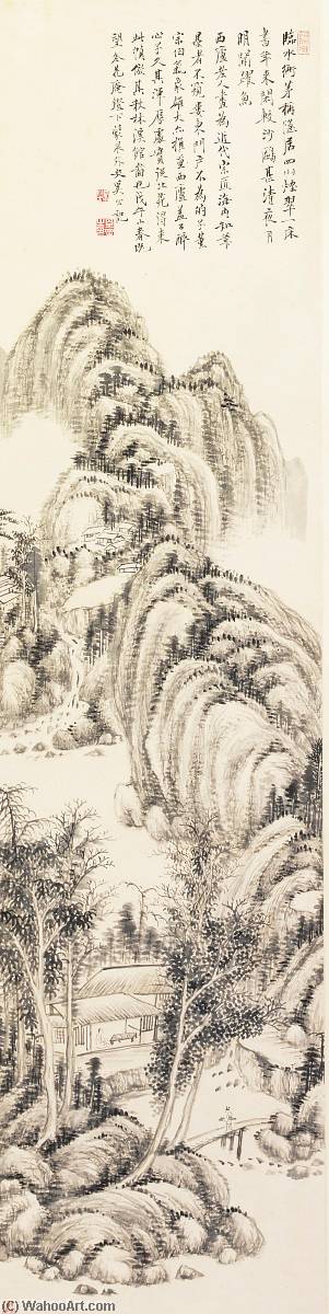 Wikioo.org - The Encyclopedia of Fine Arts - Painting, Artwork by Xi Gang - AUTUMN WOOD'S STREAM GUESTHOUSE, AFTER WANG SHIMIN (1592 1680)