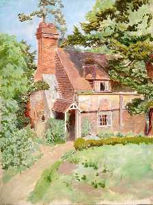 Exterior View of Unidentified Cottage in East Surrey, with Prominent Chimney and Porch