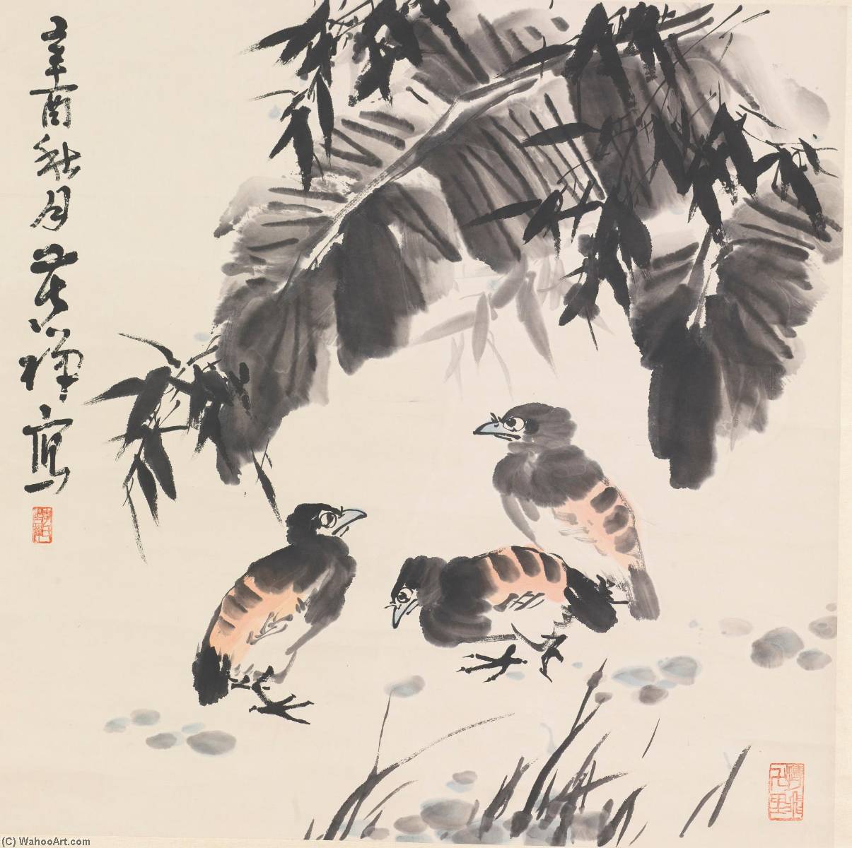 Wikioo.org - The Encyclopedia of Fine Arts - Painting, Artwork by Li Kuchan - BANANA LEAF AND BIRDS