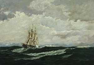Seascape with warship in high seas