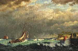 Sailing boats off a harbour in stormy weather