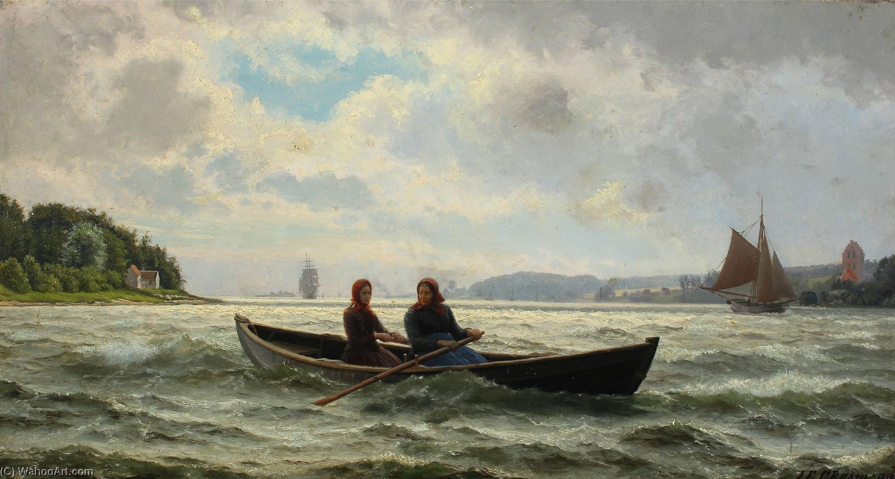 Wikioo.org - The Encyclopedia of Fine Arts - Painting, Artwork by Jens Erik Carl Rasmussen - A Mother and her daughter in a boat