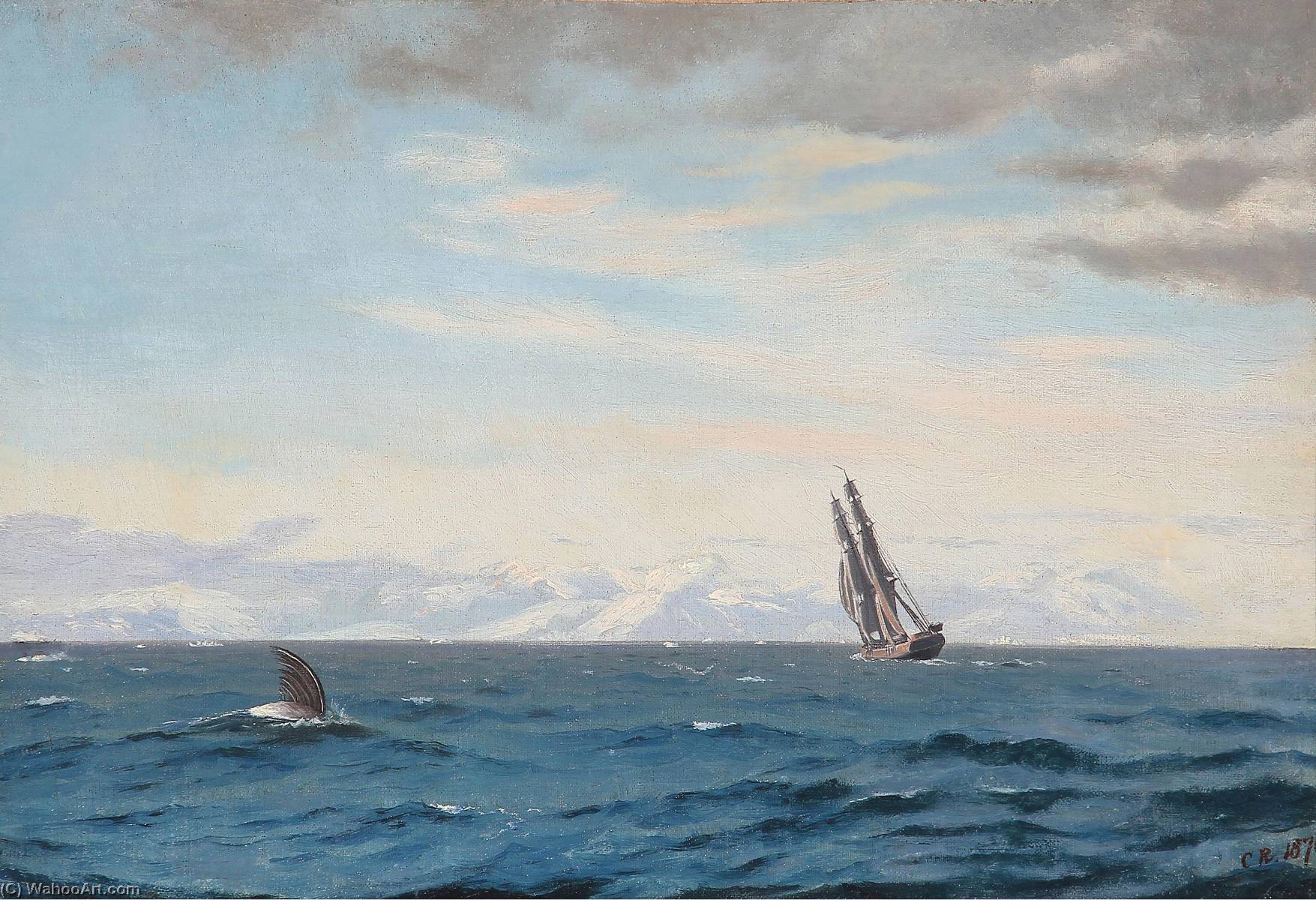 Wikioo.org - The Encyclopedia of Fine Arts - Painting, Artwork by Jens Erik Carl Rasmussen - Humpback whale and sailing ship in the Davis Strait
