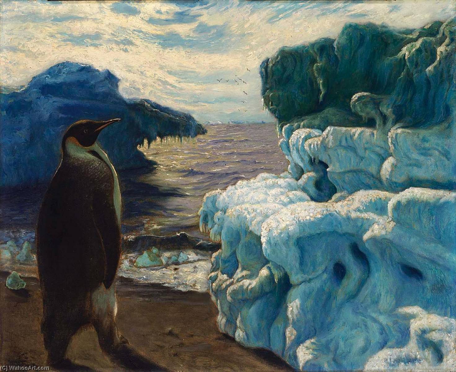 Wikioo.org - The Encyclopedia of Fine Arts - Painting, Artwork by Frank Wilbert Stokes - Emperor Penguin, Admiralty Inlet Snow Hill, Antarctic