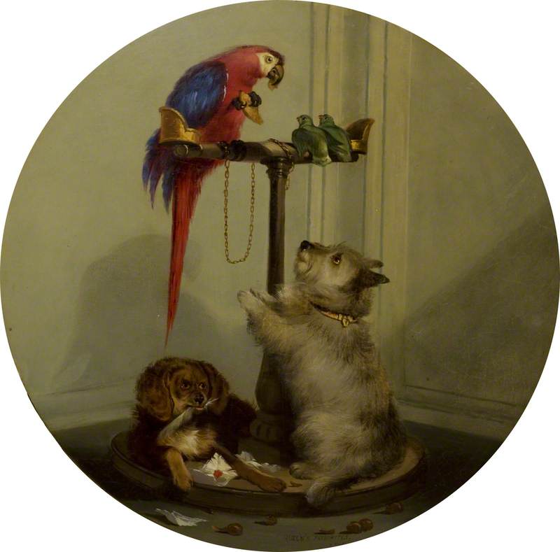 Wikioo.org - The Encyclopedia of Fine Arts - Painting, Artwork by Jennens Bettridge - Interior with Household Pets (after Edwin Henry Landseer)