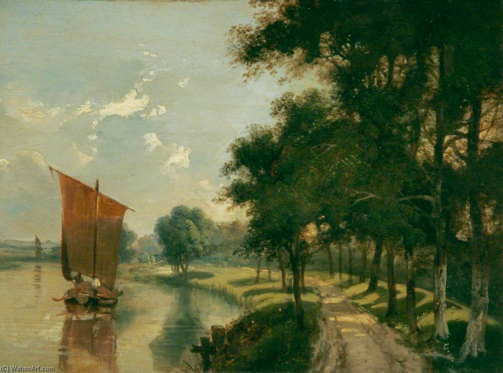 Wikioo.org - The Encyclopedia of Fine Arts - Painting, Artwork by Miles Edmund Cotman - Whitlingham, Norfolk, Lane Scene with River on the Left
