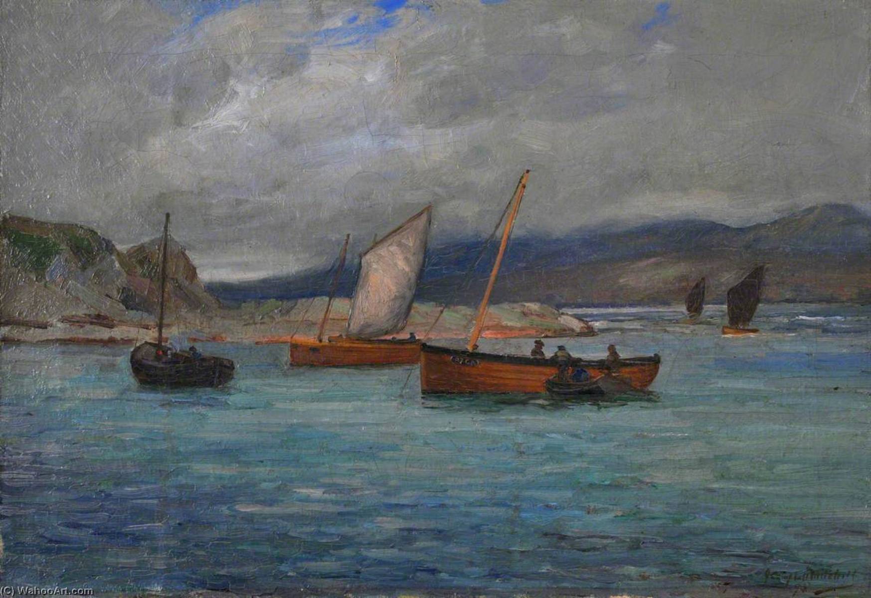 Wikioo.org - The Encyclopedia of Fine Arts - Painting, Artwork by John Campbell Mitchell - Fishing Boats at Port Righ, Carradale