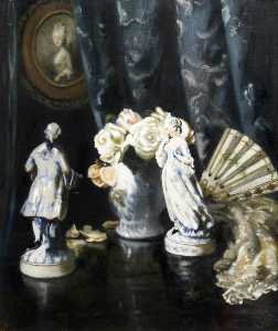 Two Figures and Blue Curtain
