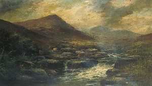 Mountain Landscape with Stream and Highland Cattle