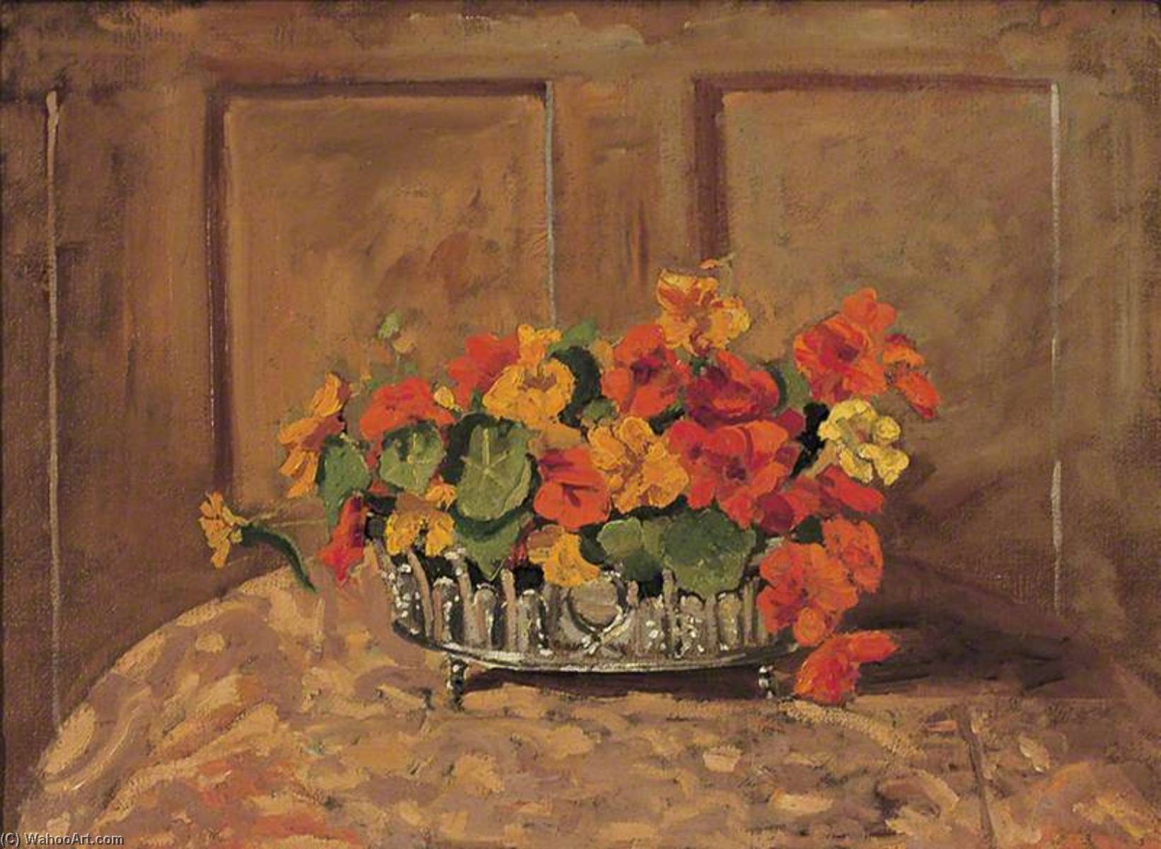 Wikioo.org - The Encyclopedia of Fine Arts - Painting, Artwork by Winston Spencer Churchill - Nasturtiums in a Silver Presentation Bowl, with Panelling