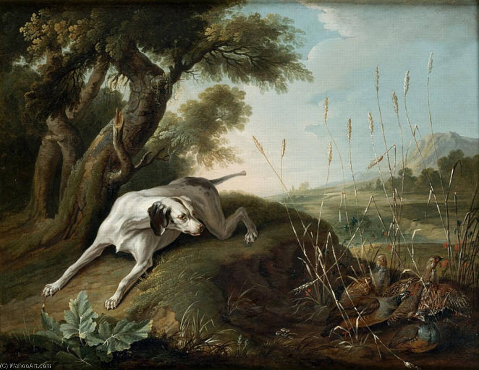 Wikioo.org - The Encyclopedia of Fine Arts - Painting, Artwork by Christophe Huet - Chien à l'arrêt sur des perdrix