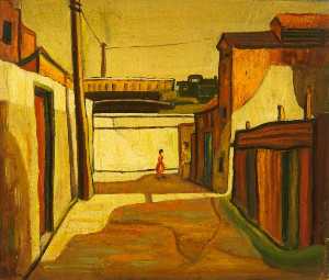 Figures in a Street with a Train Passing in the Background