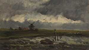 River with Windmill, Stormy Sky