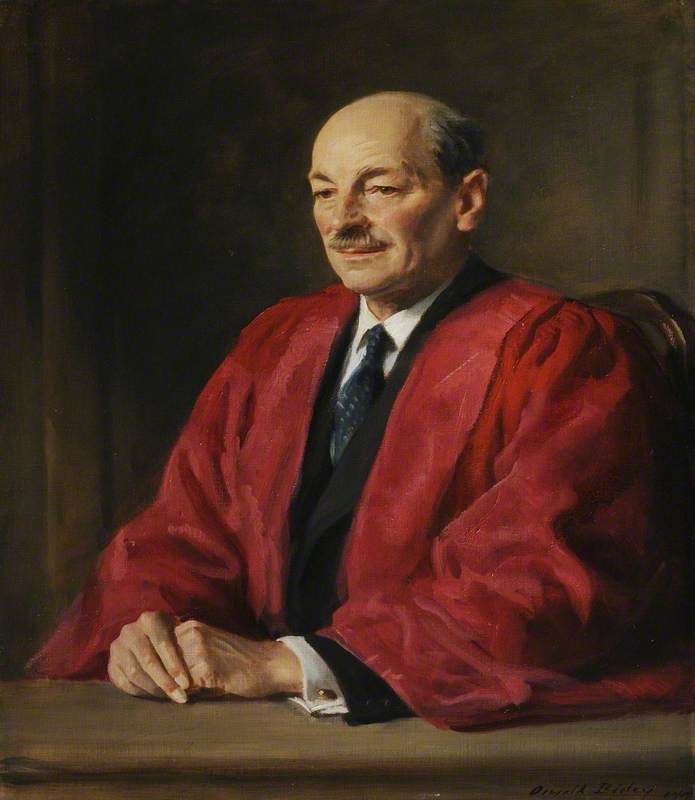 Wikioo.org - The Encyclopedia of Fine Arts - Painting, Artwork by Oswald Hornby Joseph Birley - Clement Attlee (1883–1967), 1st Earl Attlee, Wearing DCL Robes, Commoner, Prime Minister (1945–1951)