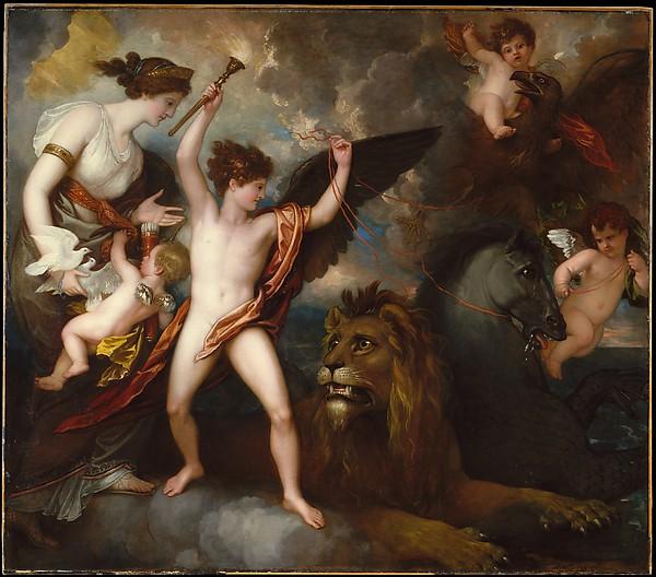 Wikioo.org – La Enciclopedia de las Bellas Artes - Pintura, Obras de arte de Benjamin West - omnia vincit amor , o el El poder de Amor en el tres Abecé