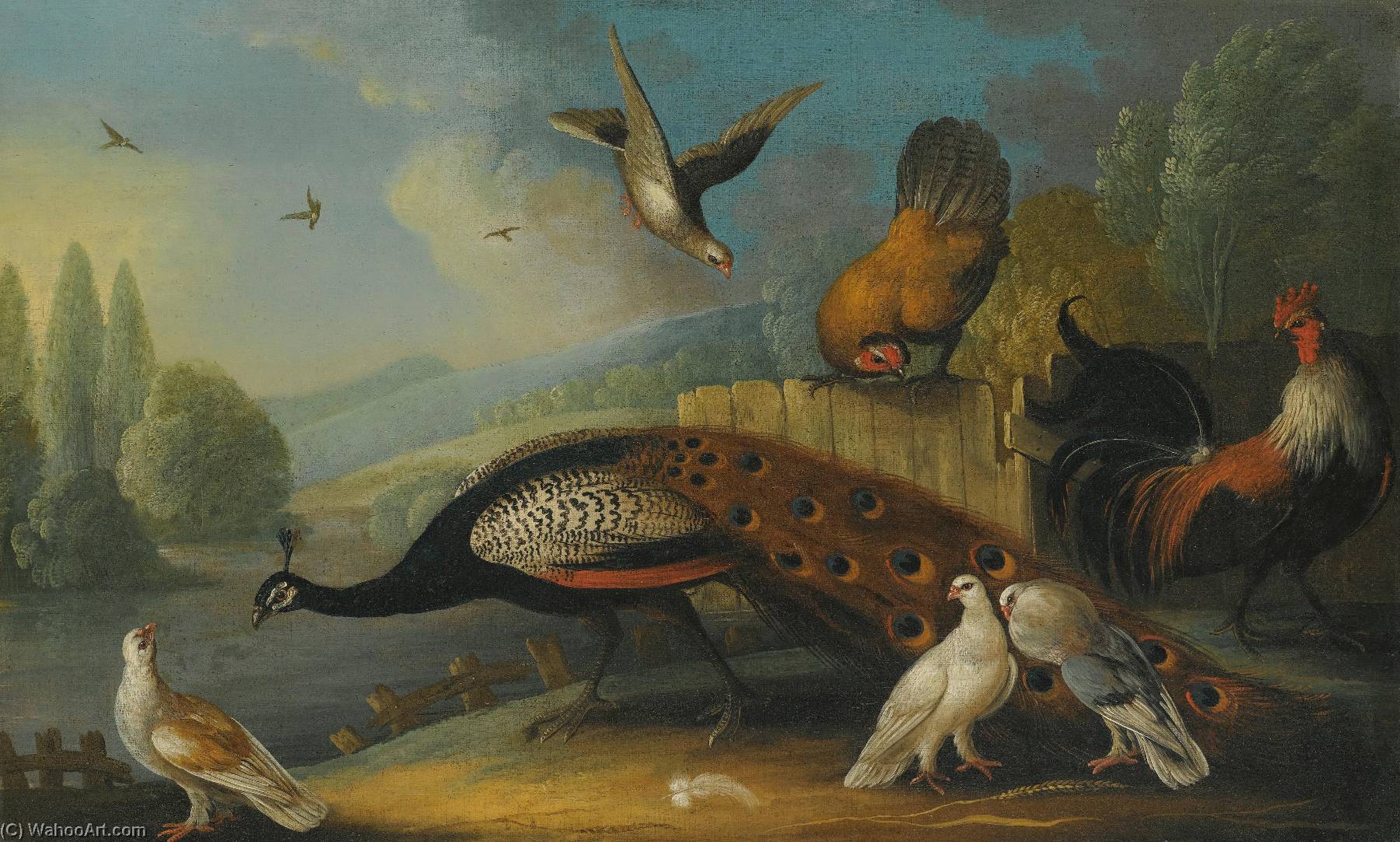 Wikioo.org - The Encyclopedia of Fine Arts - Painting, Artwork by Marmaduke Cradock - a still life with a peacock, pigeons and chickens in a river landscape