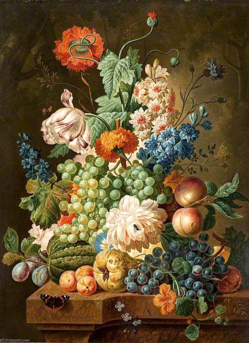 Fruit and Flowers on Marble Table - Paul Theodor Brussel | WikiOO.org - 백과 사전