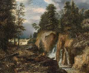 Rocky Landscape with a Waterfall and Two Figures Resting