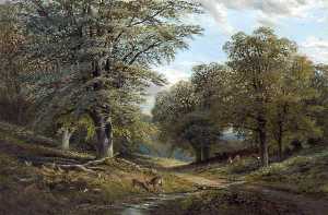 Alfred Augustus Glendening - Forest Scene with Deer