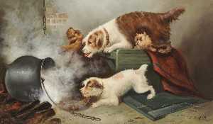 Four Terriers in an Interior, a Pot of Hot Water Falling from a Fire