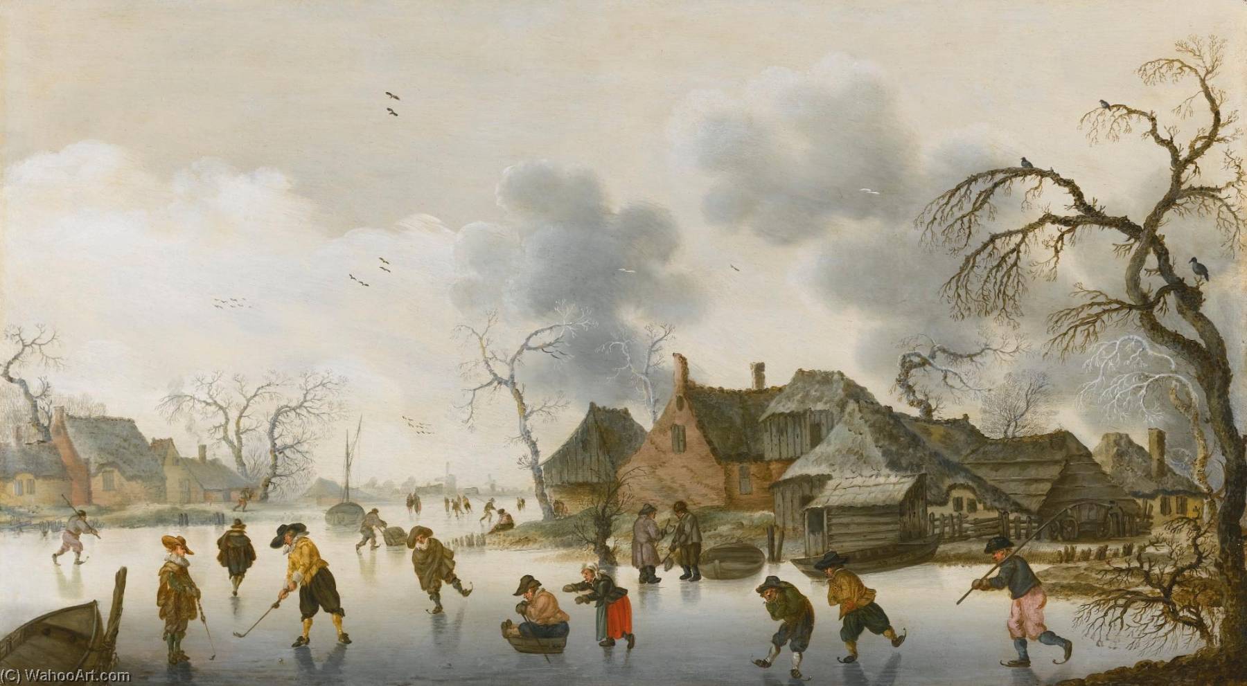 Wikioo.org - The Encyclopedia of Fine Arts - Painting, Artwork by Anthonie Verstraelen - Winter scene with skaters and kolfers on the ice