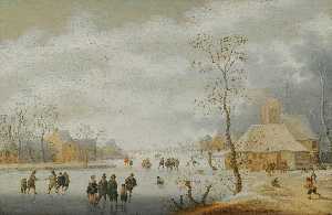a winter landscape with figures skating on a frozen river beside a village
