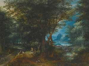 Summer landscape with a lady and gentleman seated and sportsmen returning with game