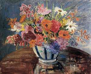 Flowers in a Blue Striped Vase