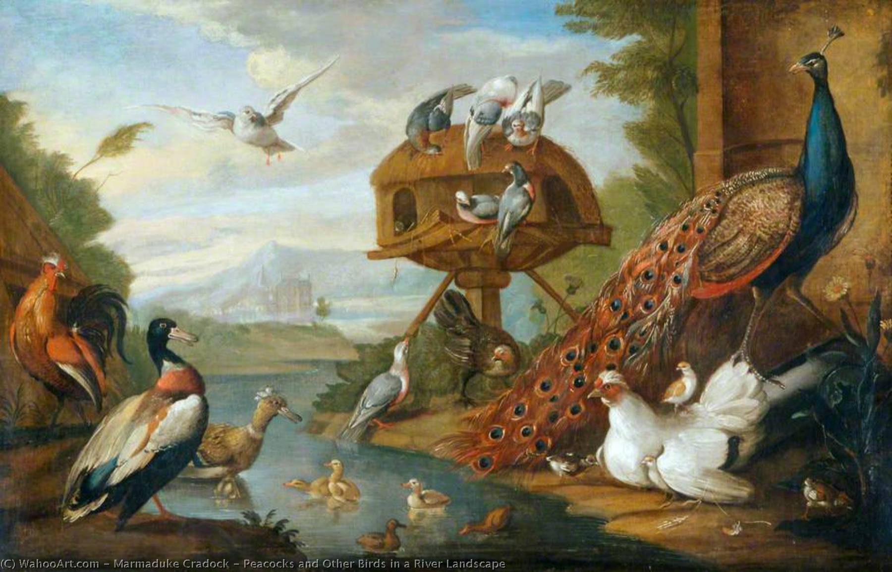 Wikioo.org - The Encyclopedia of Fine Arts - Painting, Artwork by Marmaduke Cradock - Peacocks and Other Birds in a River Landscape