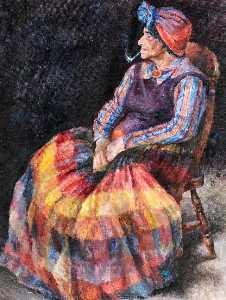 Seated Gypsy in Colourful Clothing with a Pipe