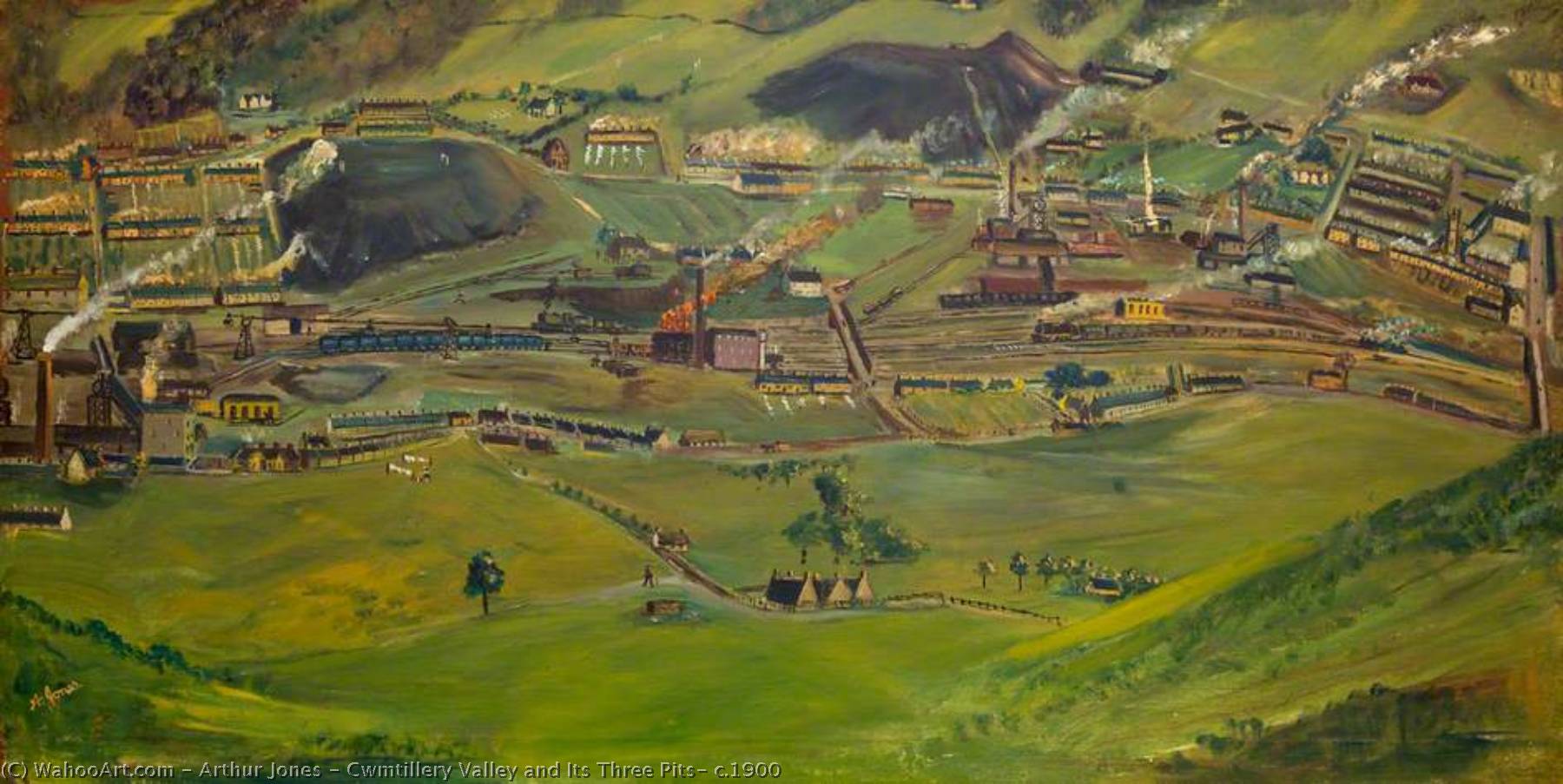 Wikioo.org - The Encyclopedia of Fine Arts - Painting, Artwork by Arthur Jones - Cwmtillery Valley and Its Three Pits, c.1900