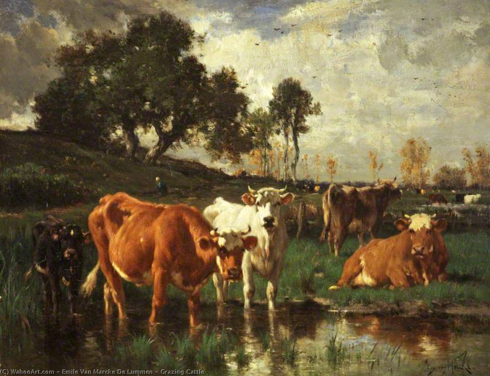 Wikioo.org - The Encyclopedia of Fine Arts - Painting, Artwork by Émile Van Marcke De Lummen - Grazing Cattle