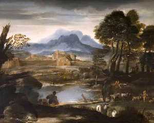 Pietro Da Cortona - Landscape with a Lake and a Walled Town