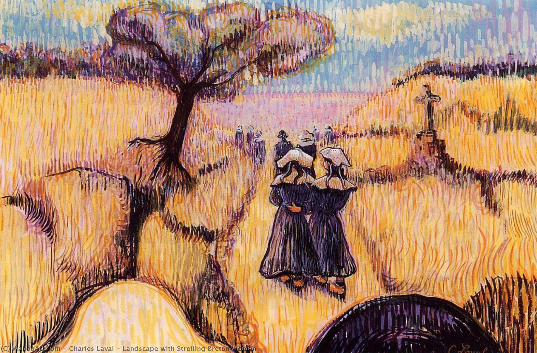 Wikioo.org - The Encyclopedia of Fine Arts - Painting, Artwork by Charles Laval - Landscape with Strolling Breton Women