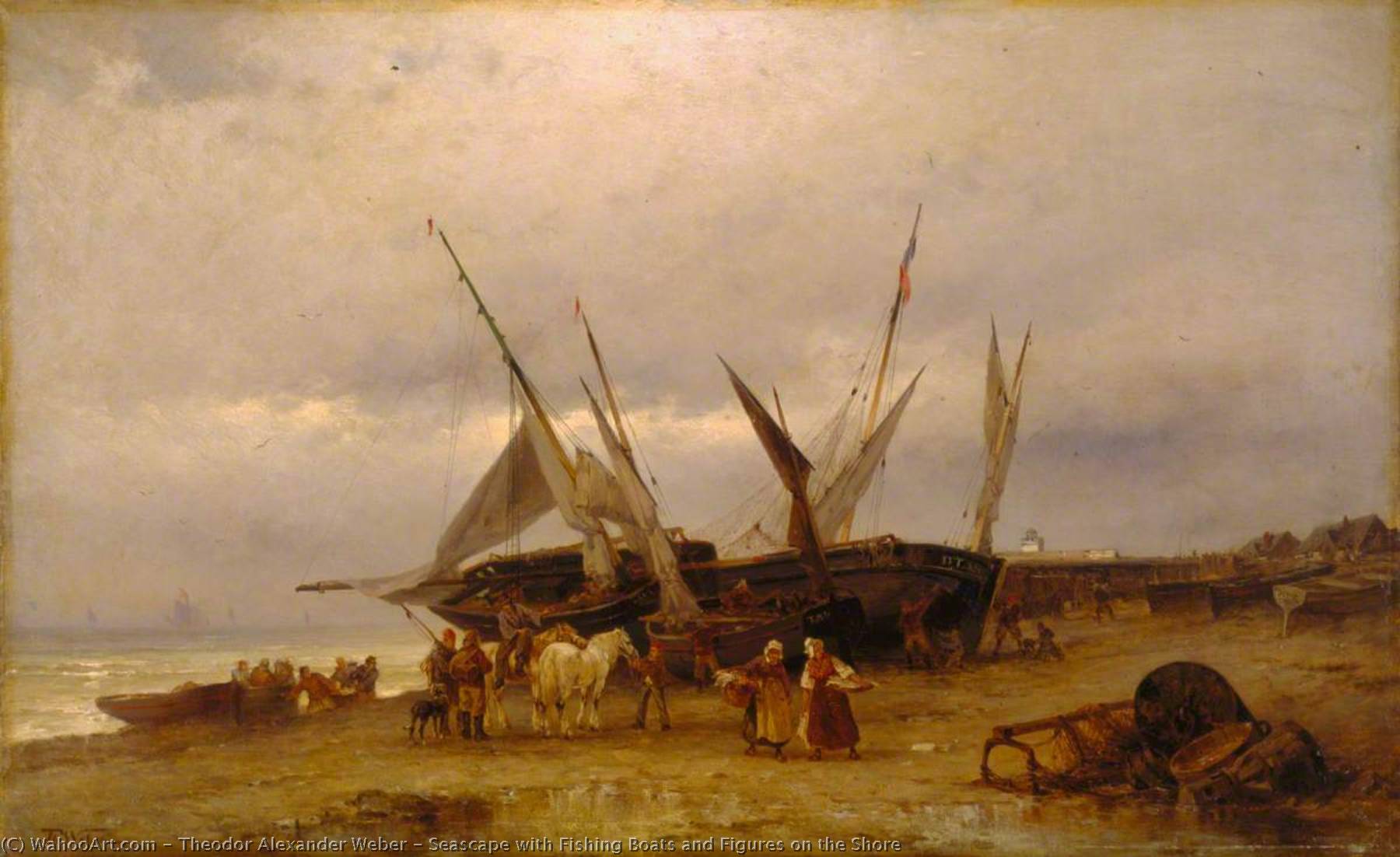 Wikioo.org - The Encyclopedia of Fine Arts - Painting, Artwork by Theodor Alexander Weber - Seascape with Fishing Boats and Figures on the Shore