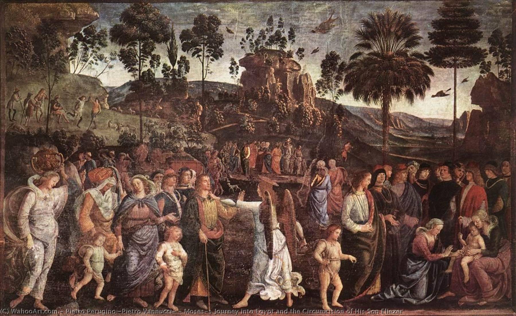 Wikioo.org - The Encyclopedia of Fine Arts - Painting, Artwork by Pietro Perugino (Pietro Vannucci) - Moses's Journey into Egypt and the Circumcision of His Son Eliezer