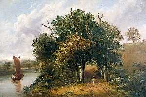 Landscape with a Tree Lined Road, a River and a Barge