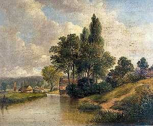 River Scene with a Cottage and Trees
