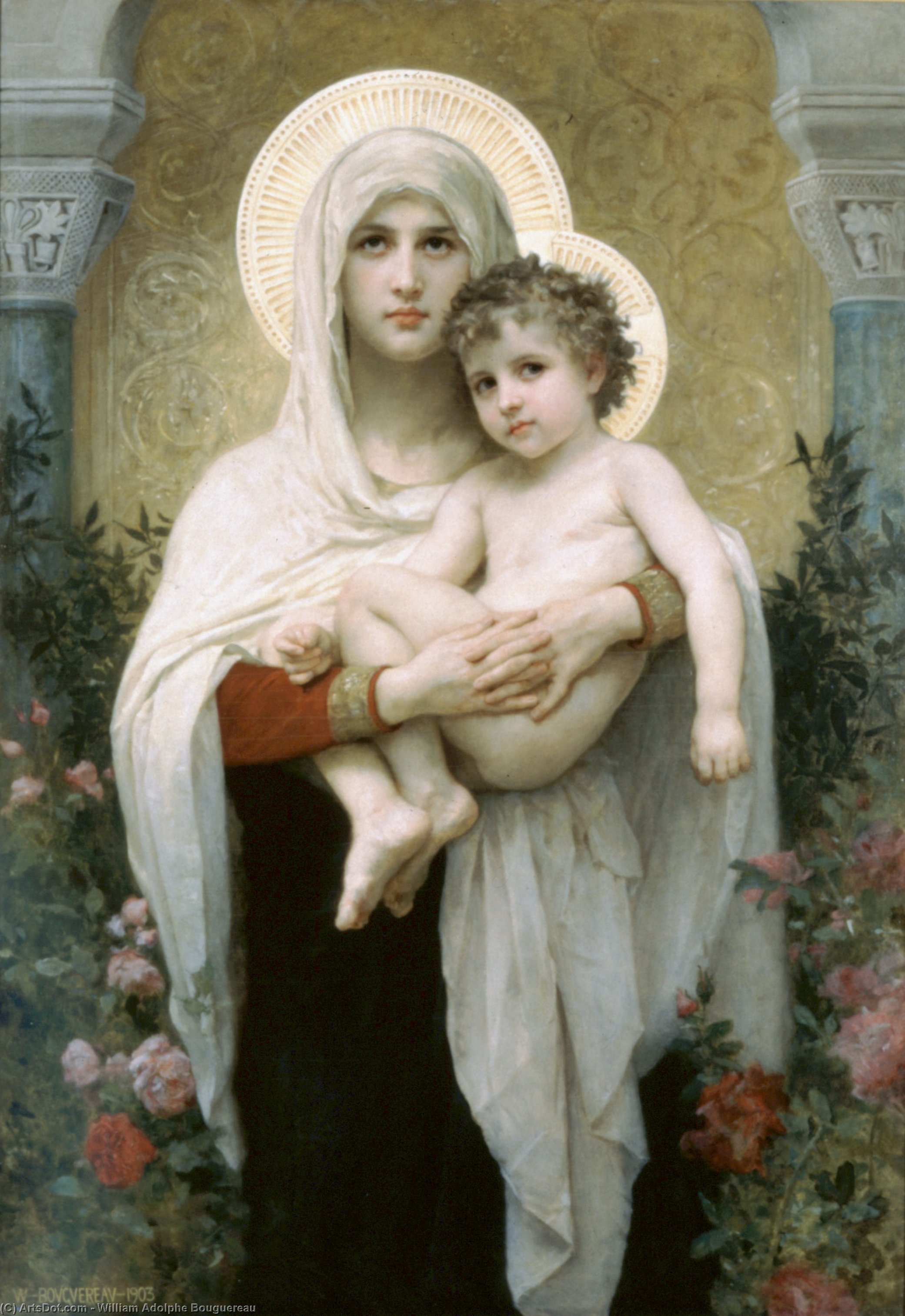 Wikioo.org – La Enciclopedia de las Bellas Artes - Pintura, Obras de arte de William Adolphe Bouguereau - La Madonna con rosas