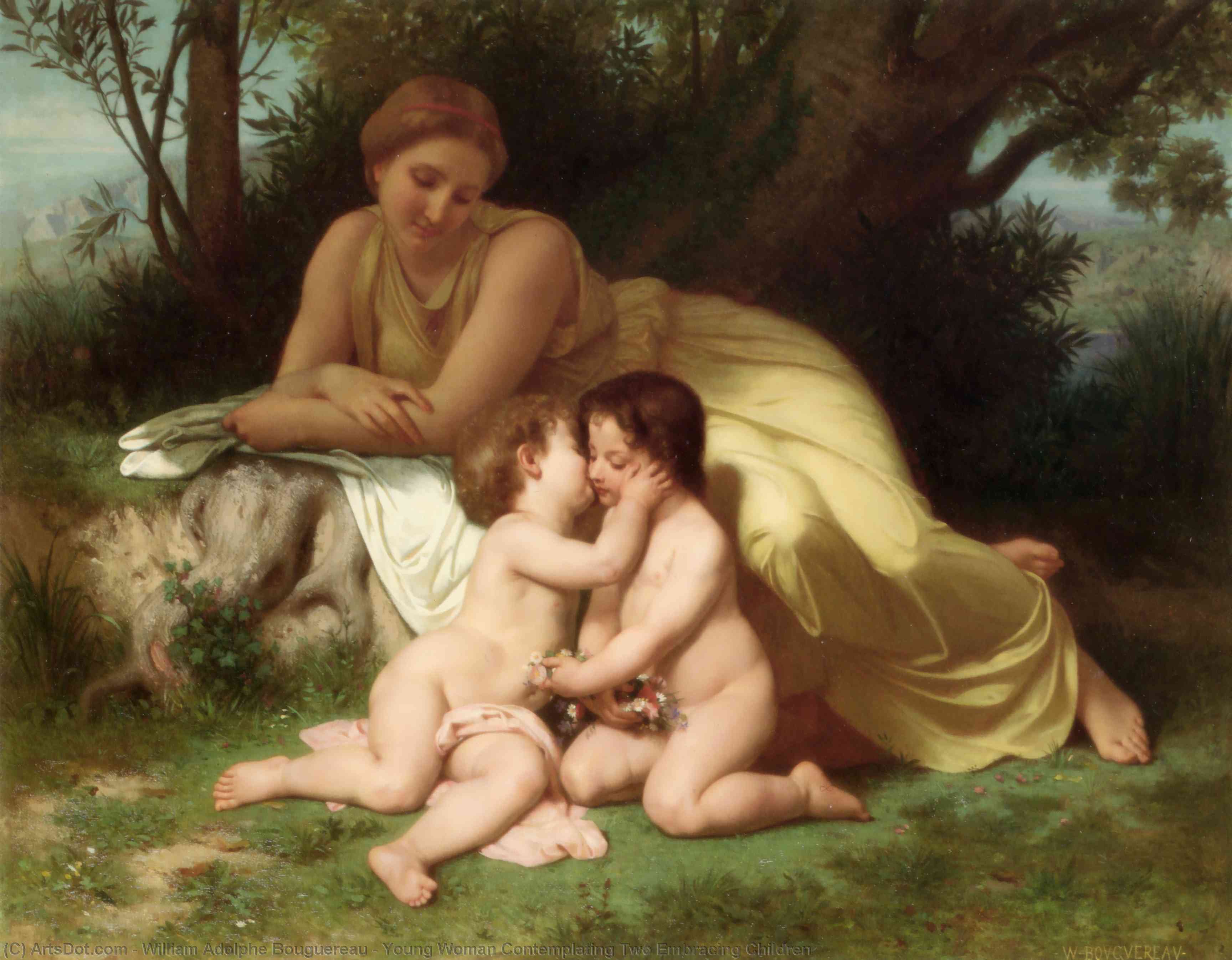 Wikioo.org - The Encyclopedia of Fine Arts - Painting, Artwork by William Adolphe Bouguereau - Young Woman Contemplating Two Embracing Children