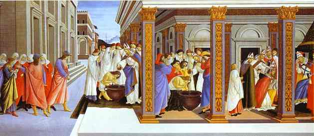 Wikioo.org - The Encyclopedia of Fine Arts - Painting, Artwork by Sandro Botticelli - Baptism of St. Zenobius and his Appointment as Bishop